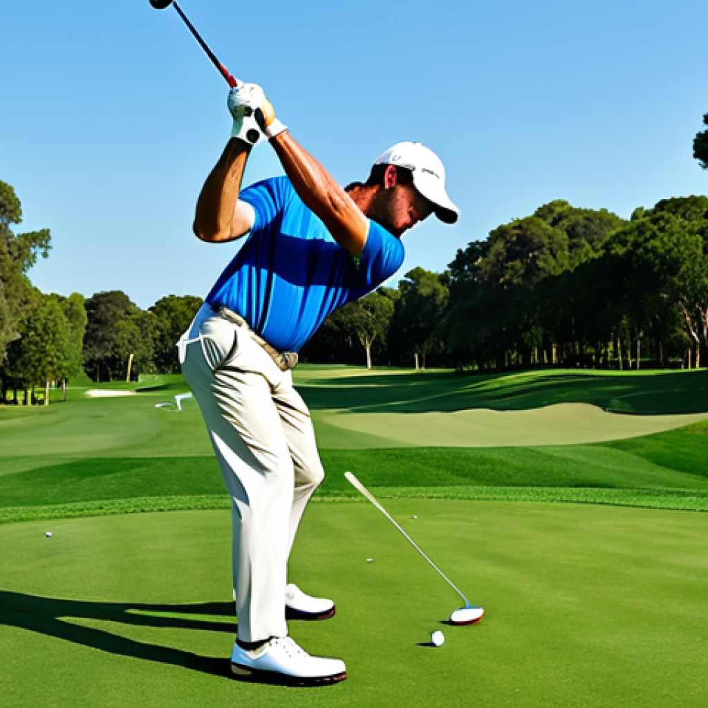 골프 세계 랭킹과 유명 선수들 - "A professional golfer in appropriate attire, demonstrating a golf swing on a lush green course with...
