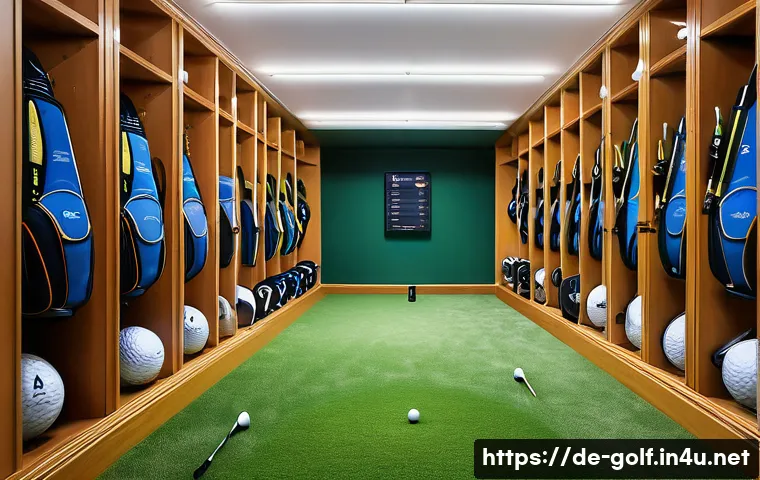 골프 장비 보관 방법 - A neatly organized indoor golf storage room designed for German golf enthusiasts, featuring a temper...