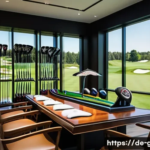 골프 장비 브랜드별 특징과 장단점 - A high-end golf club set displayed on a polished wooden table in a modern golf pro shop in Germany, ...