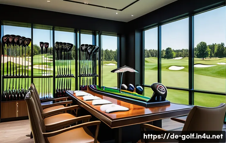 골프 장비 브랜드별 특징과 장단점 - A high-end golf club set displayed on a polished wooden table in a modern golf pro shop in Germany, ...