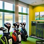 골프 장비 렌탈 시 알아야 할 점 - A modern German golf club rental shop interior featuring neatly arranged rental golf equipment inclu...
