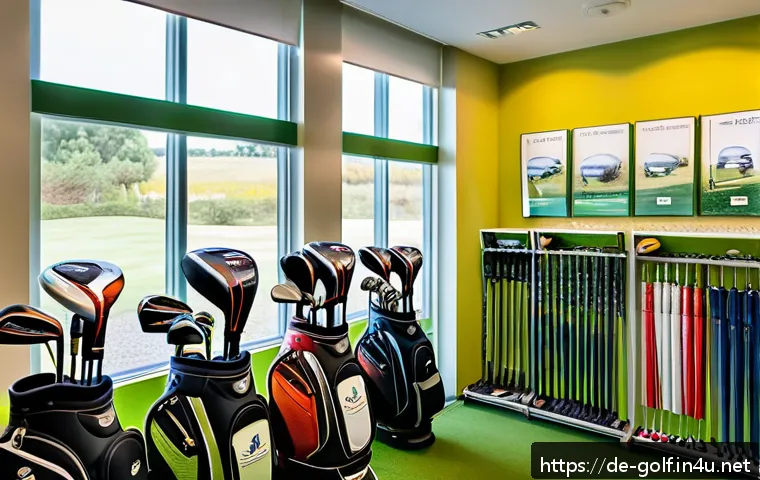 골프 장비 렌탈 시 알아야 할 점 - A modern German golf club rental shop interior featuring neatly arranged rental golf equipment inclu...