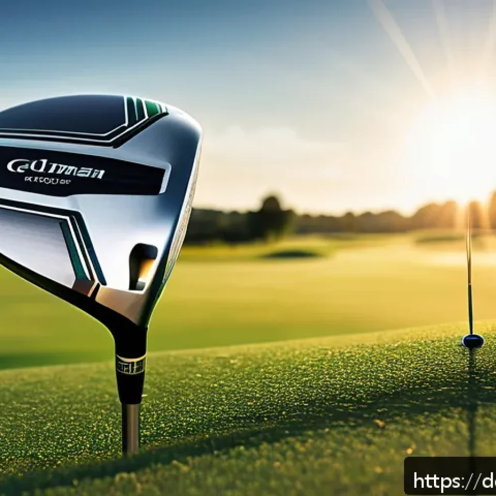 골프 클럽 종류와 차이점 - A detailed close-up of a modern golf driver on a lush green tee box at a sunny German golf course, s...