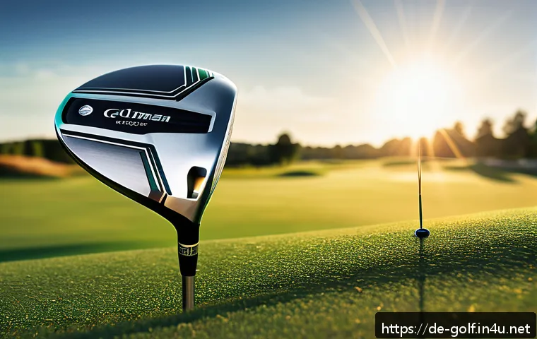 골프 클럽 종류와 차이점 - A detailed close-up of a modern golf driver on a lush green tee box at a sunny German golf course, s...