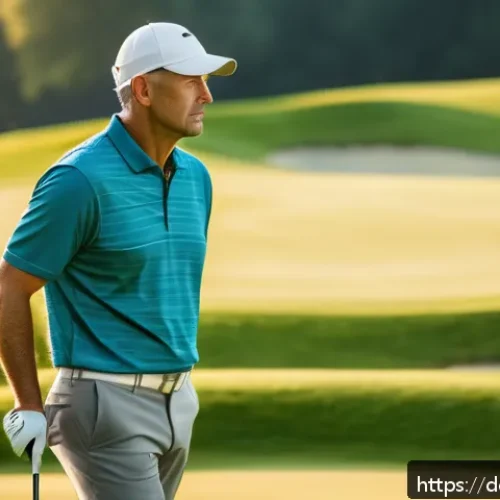 골프 경기력 향상을 위한 심리학 - A focused middle-aged male golfer standing on a lush green golf course in Germany, preparing for a t...