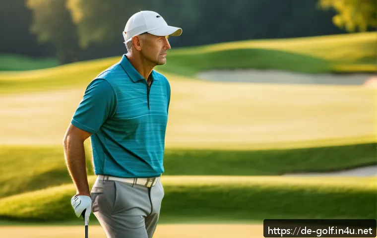 골프 경기력 향상을 위한 심리학 - A focused middle-aged male golfer standing on a lush green golf course in Germany, preparing for a t...