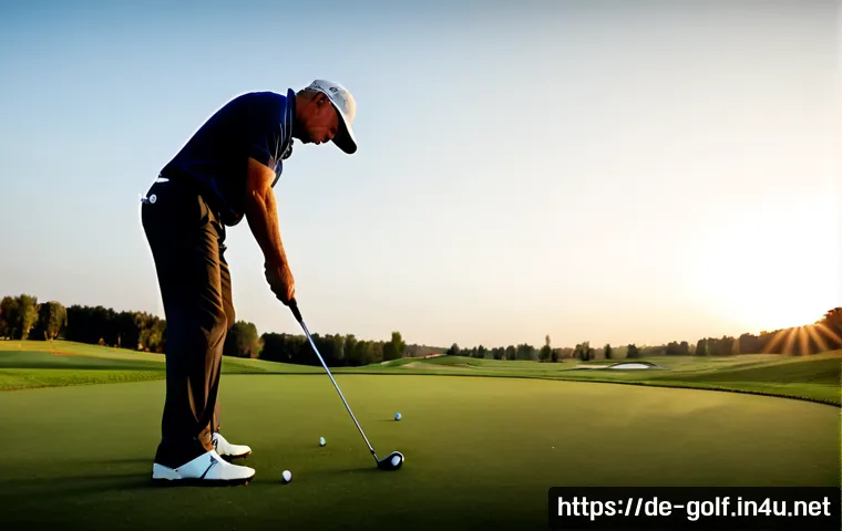 아이언 스윙 연습 방법 - Photorealistic golf practice scene at a quiet German driving range, middle-aged amateur golfer in mo...