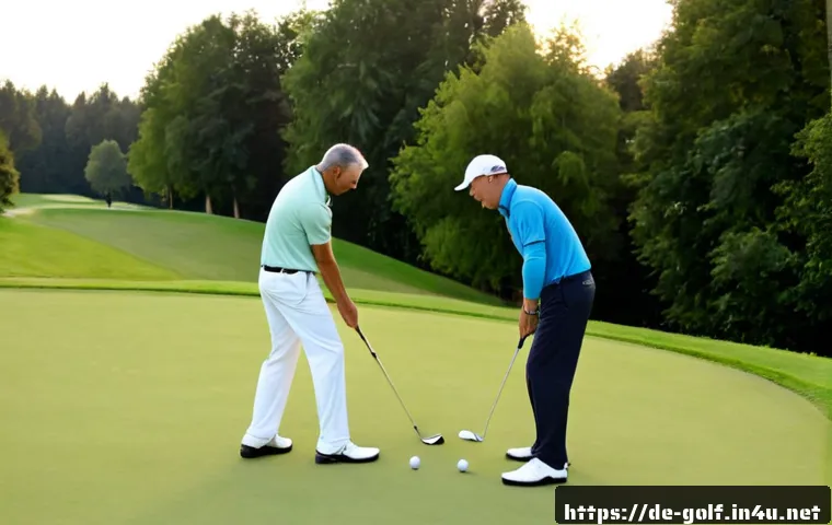 초보 골퍼를 위한 코칭 팁 - Photorealistic golf coaching scene at a quiet German countryside golf course, a friendly middle-aged...